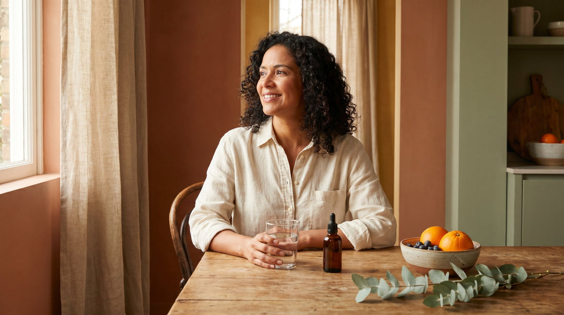 Mujer tomando suplemento multivitaminico para la menopausia junto a frutas frescas en mesa natural